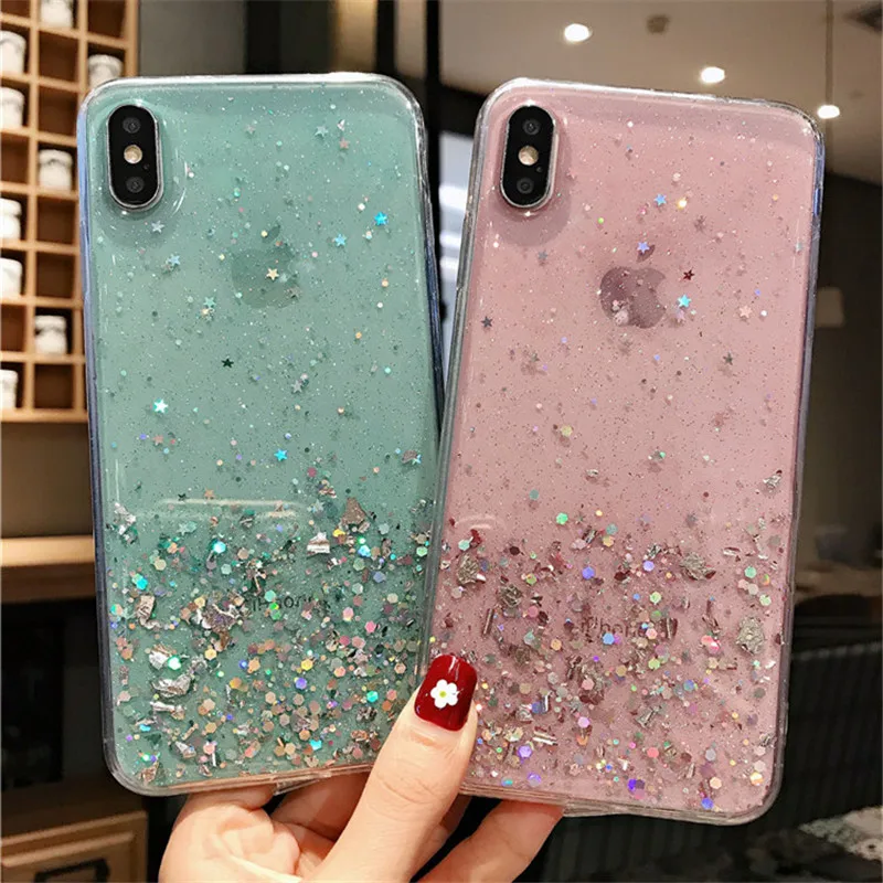 NJIEER Блестящий блестящий чехол для iphone X 11 Pro XS MAX XR Блестящий Прозрачный чехол для iphone 8 7 6 6S Plus Мягкий чехол из ТПУ