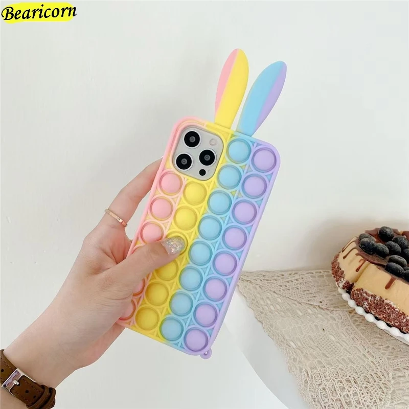 fidget toys pop push bubble silicone beans case for samsung galaxy a32 4g a52 a72 a12 m12 f12 cartoon bunny rabbit rainbow cover free global shipping