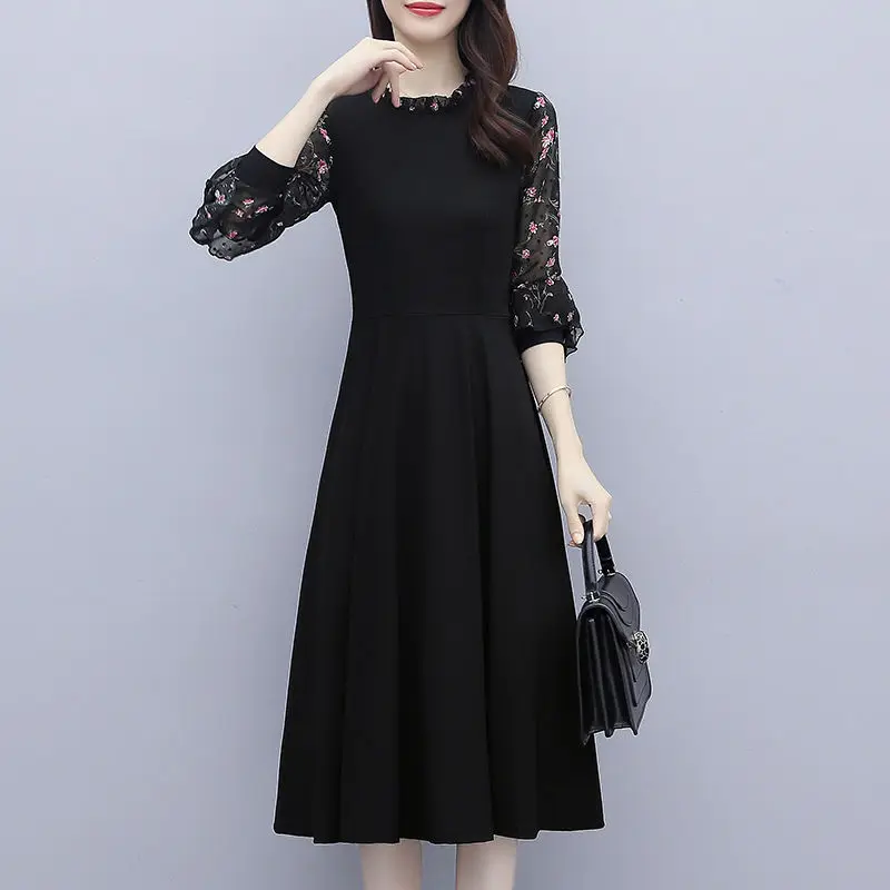 

Women's Spring Autumn Style Chiffon Dress Women's Long Sleeves Printed Ruffles O-Neck Korean A-Line Dress SS3592