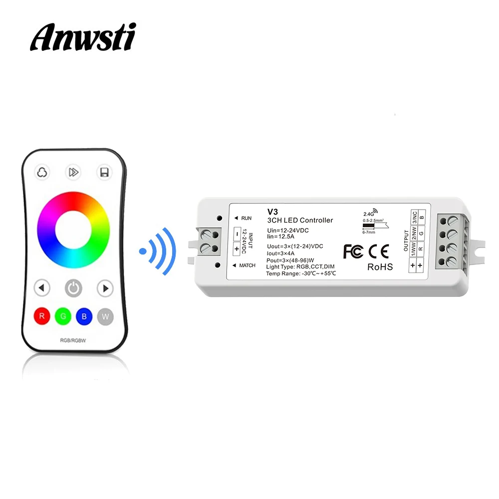 Пульт дистанционного управления для светодиодной ленты, 12 В, 12 В, 24 В постоянного тока, 3 канала, 12 А, RF, 2,4 ГГц