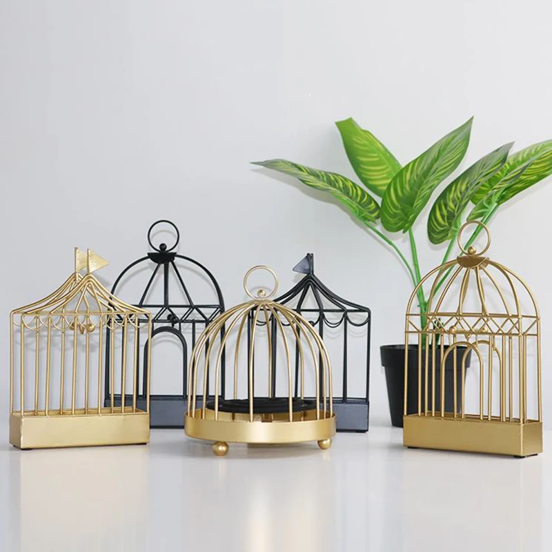 

Retro Iron Coil Storage Holders Golden Vintage Bird Cage Ornaments Jewelry Storage Box Hollow-carved DesignStorage Home Decor
