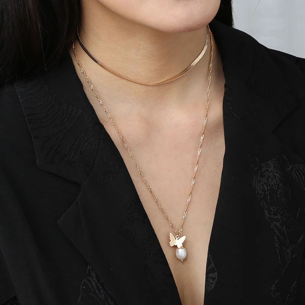 

Retro Boho Layered Womens Water Drop Zircon Butterfly Pearl Clavicle Chain Long Collar Fashion Jewelry Women Necklace