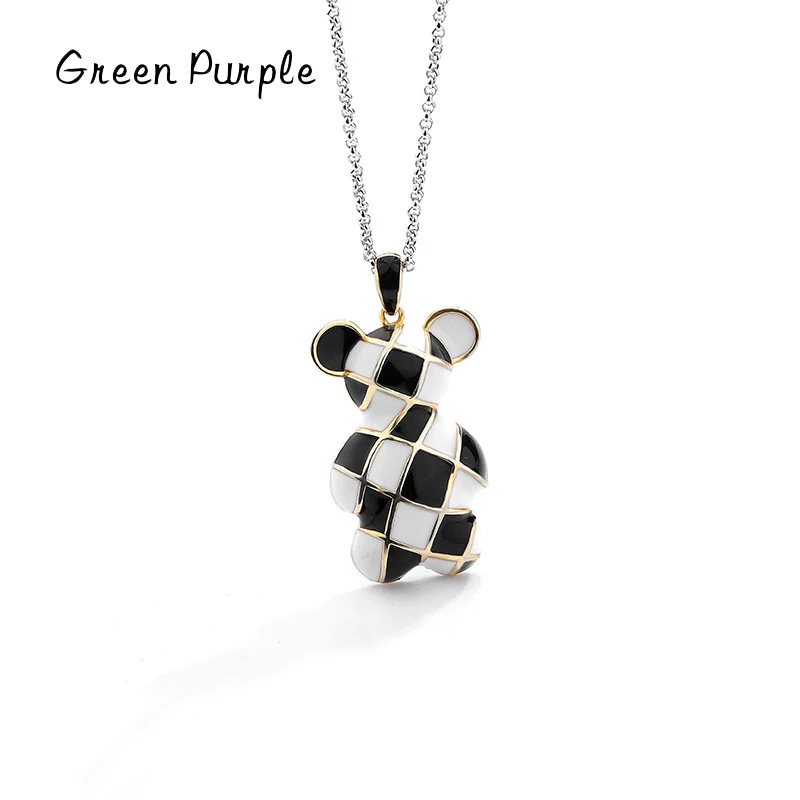 

Green Purple Real s925 Silver Necklace Cute Bear Pendant Enamel Handmade Chokers For Women Fine Fashion Sweater Chain Jewelry