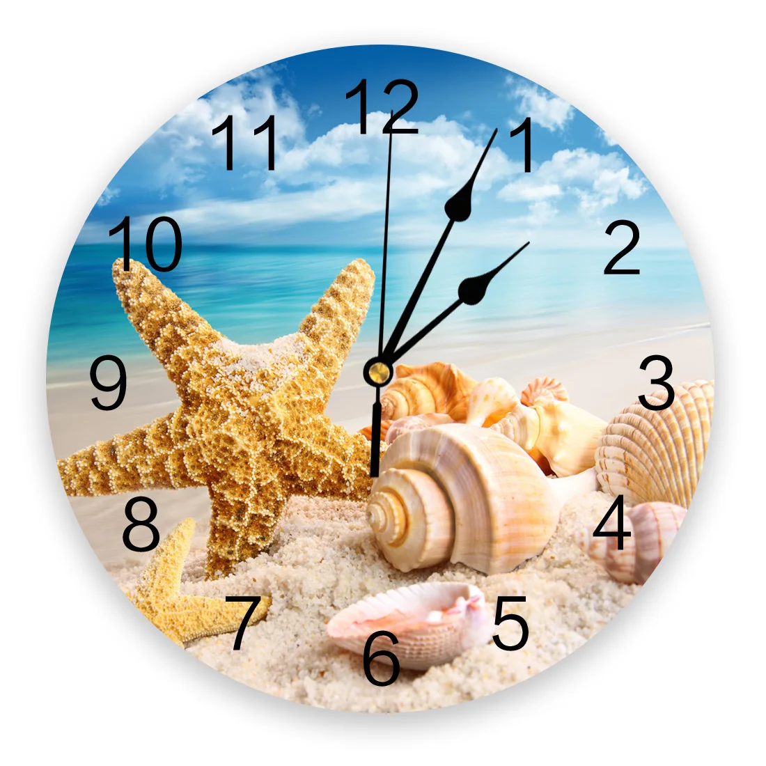Beach Sea Starfish Shells Blue Wall Clocks Non Ticking for Girl Boy Bedroom Bathroom Kitchen Living Room Office Round Clock