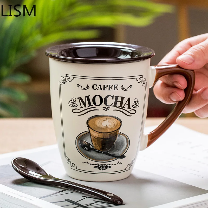 

Кружка в стиле ретро с ложкой и крышкой, кружка для кофе и молока, дорожные рождественские кружки, роскошная кружка в скандинавском стиле, кр...