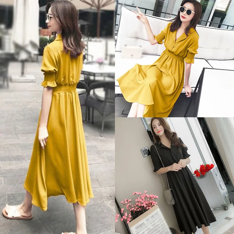 

Chiffon Dress Lapel Fairy Spring Dresses Female Summer Pure Color Waist Temperament Vetements Femmes Vestido De Mujer
