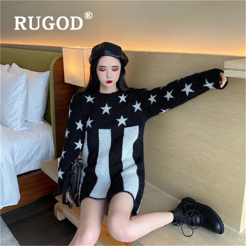 RUGOD Autumn Winter New Style Loose Star Pattern Fuzzy Sweater Dress Women Medium Long Mohair Pullover Fashion 2019 Kpop Clothes | Женская