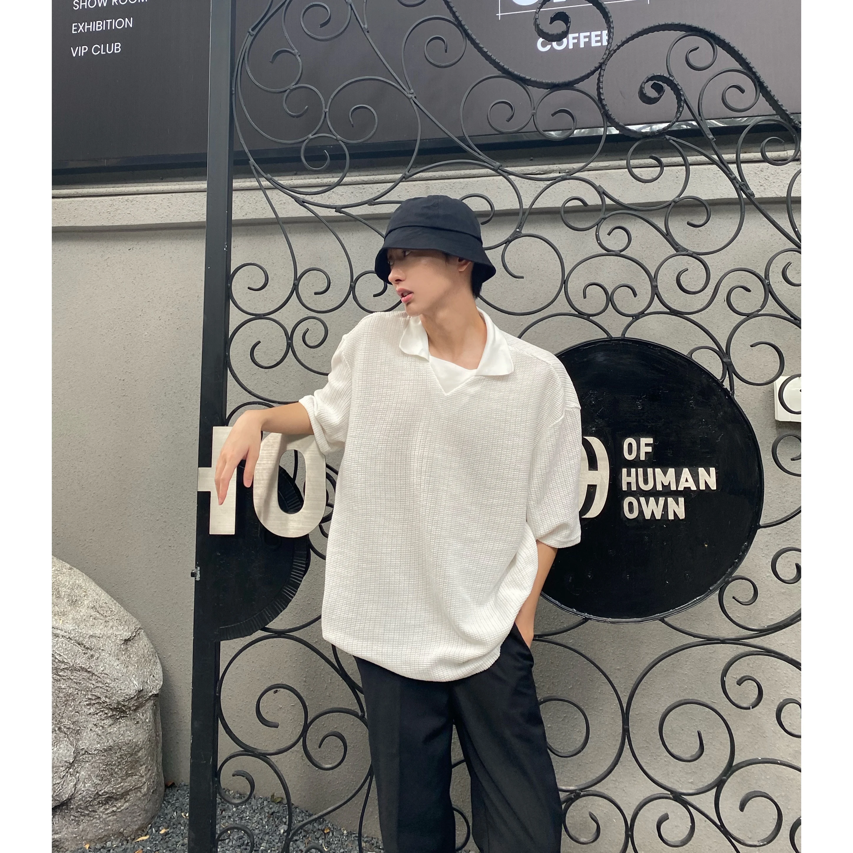 

Summer lapel t-shirt men's loose and versatile hedging knit short-sleeved men's solid color shirt trend