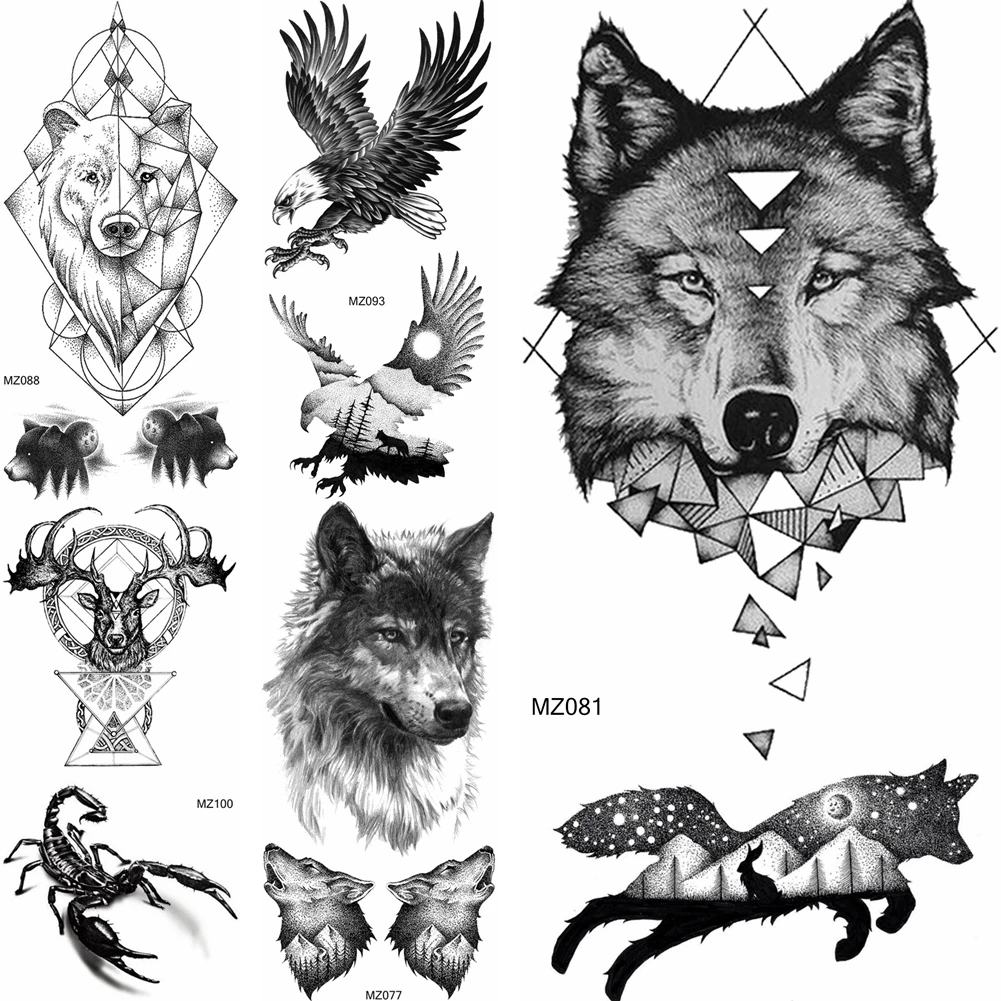 

Fashion Wolf Temporary Tattoos Fake Elk Scorpion Planets Coyote Tatoos Waterproof Geometric Totem Tatoo For Adult Body Art Decor