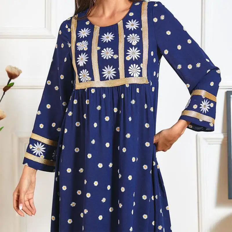 

Abaya Dubai 2021 Spring And Autumn Women's Blue Printed Ethnic Embroidery Casual Comfortable Muslim Long Skirt Arabian Robe