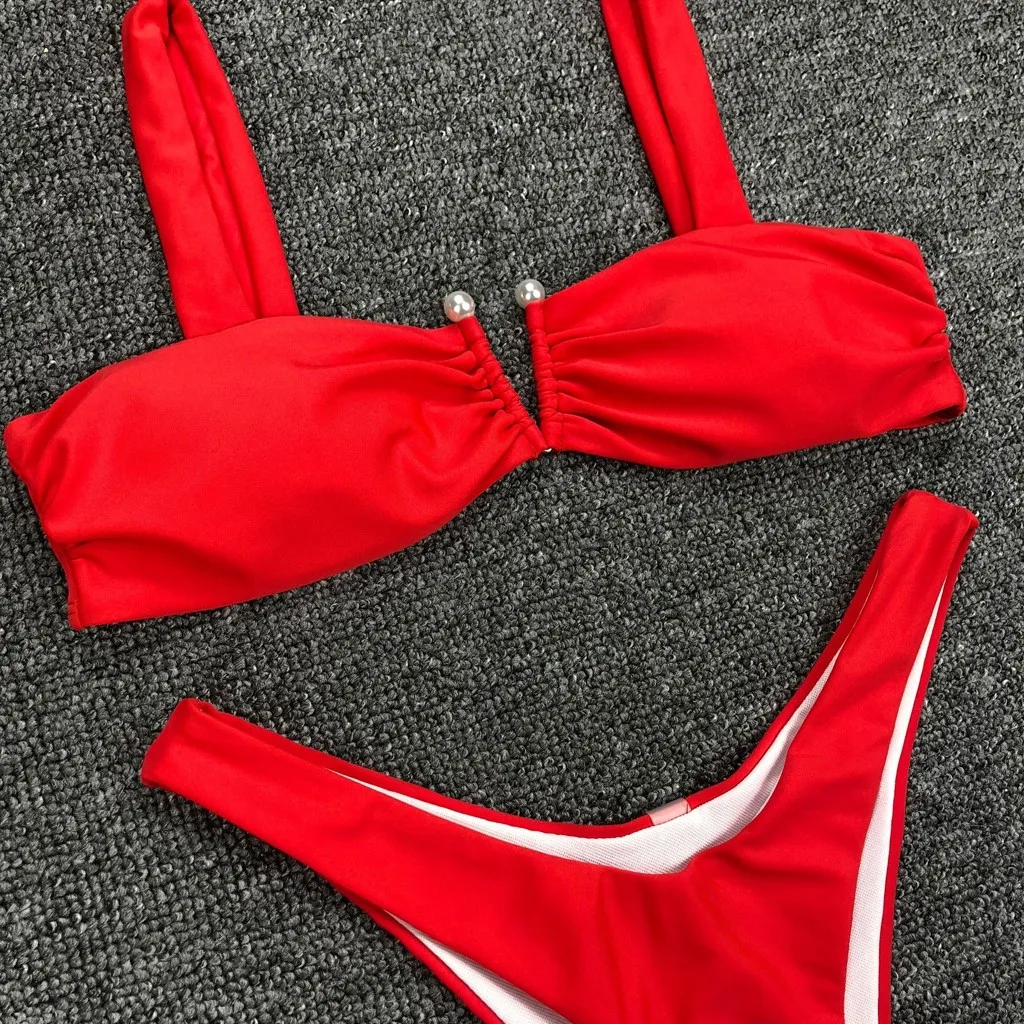 

Sexy Bikini 2021 Ruched Swimsuit Women Push Up Swimwear Halter Summer Solid High Cut Bikini Push-up Padded Bra Bath Suit #ZQ