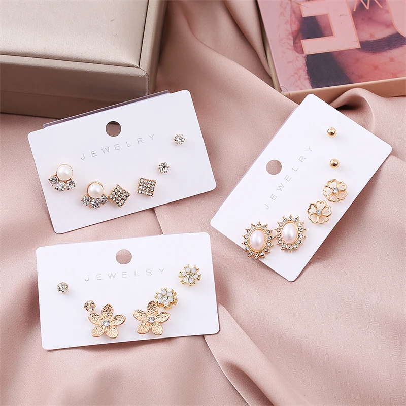 HTZZY новые модные серьги для женщин Модные Золотые кристаллы жемчужины фантазия ювелирные изделия серьги набор 3 пары