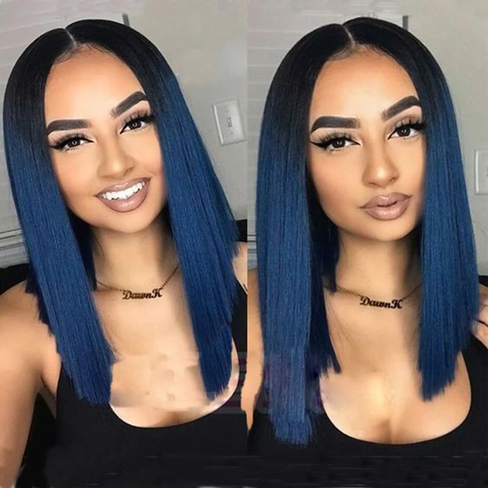 Цветной парик из человеческих волос на сетке спереди с эффектом омбре синие