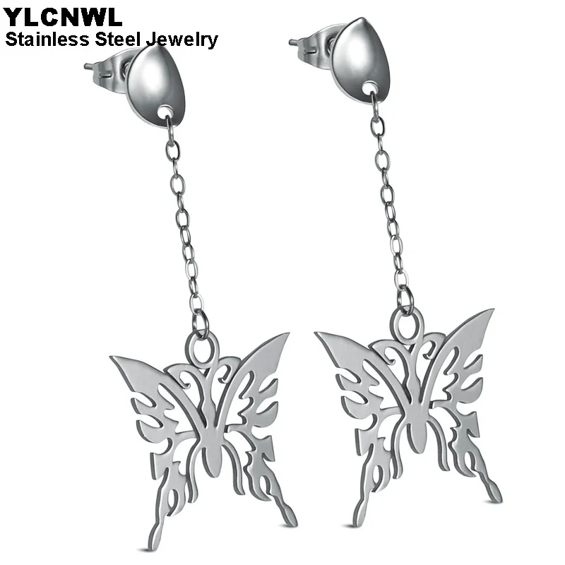 Модные висячие серьги подвески из титановой стали с цепочкой в виде бабочки для