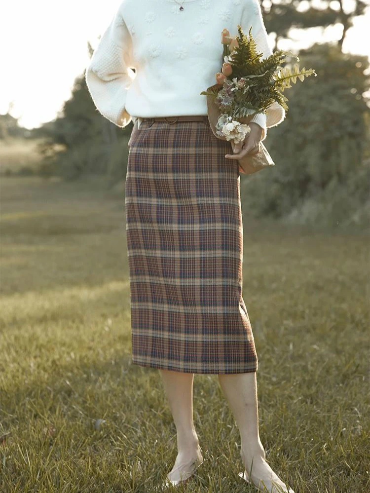 

Women Vintage Plaid Maxi Pencil Woolen Skirt High Waist
