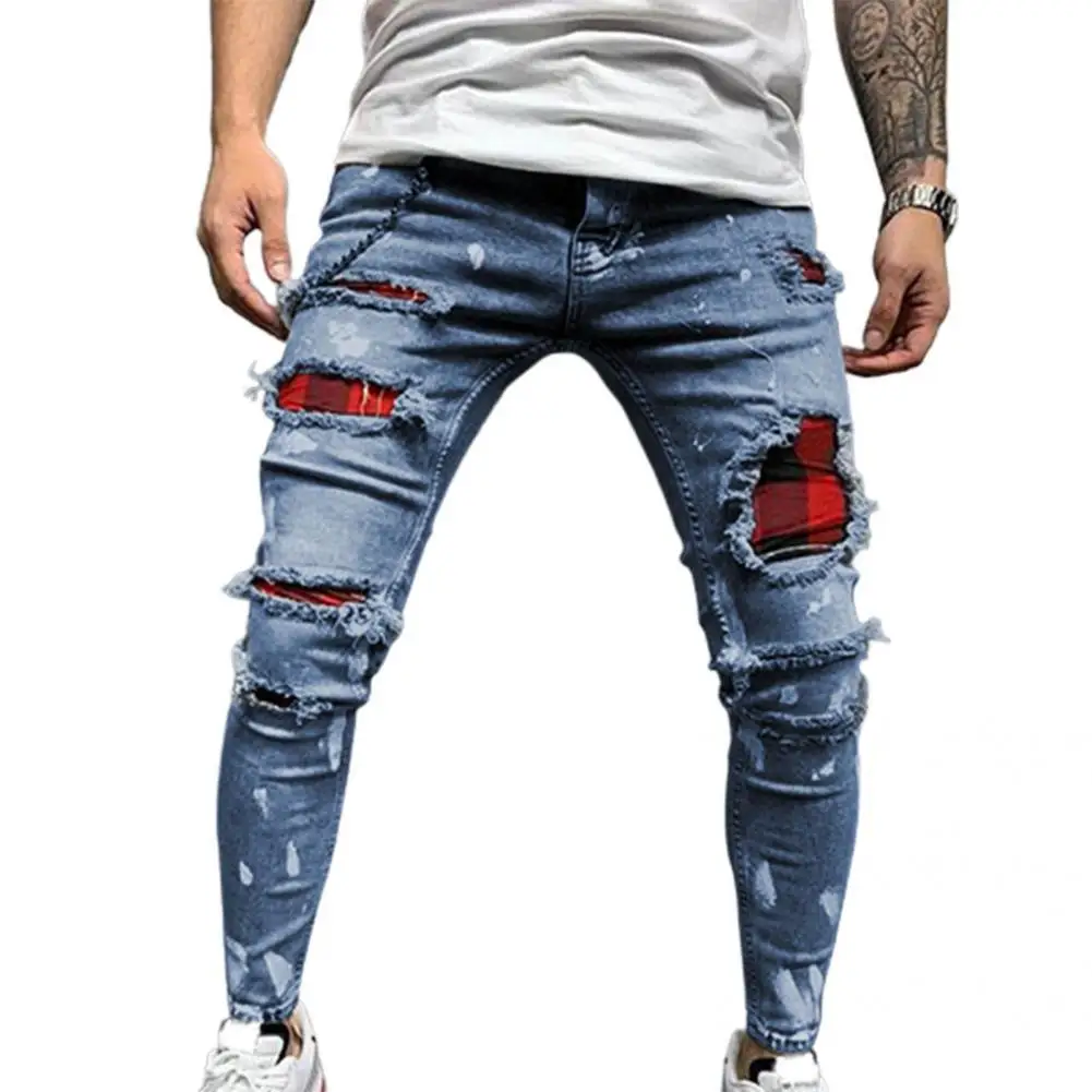 

Multi Pockets Men Jeans Ripped Holes Denim Mid Waist Stretchy Tassel Skinny Jean Streetwear Zipper Closure Denim Slim Trousers
