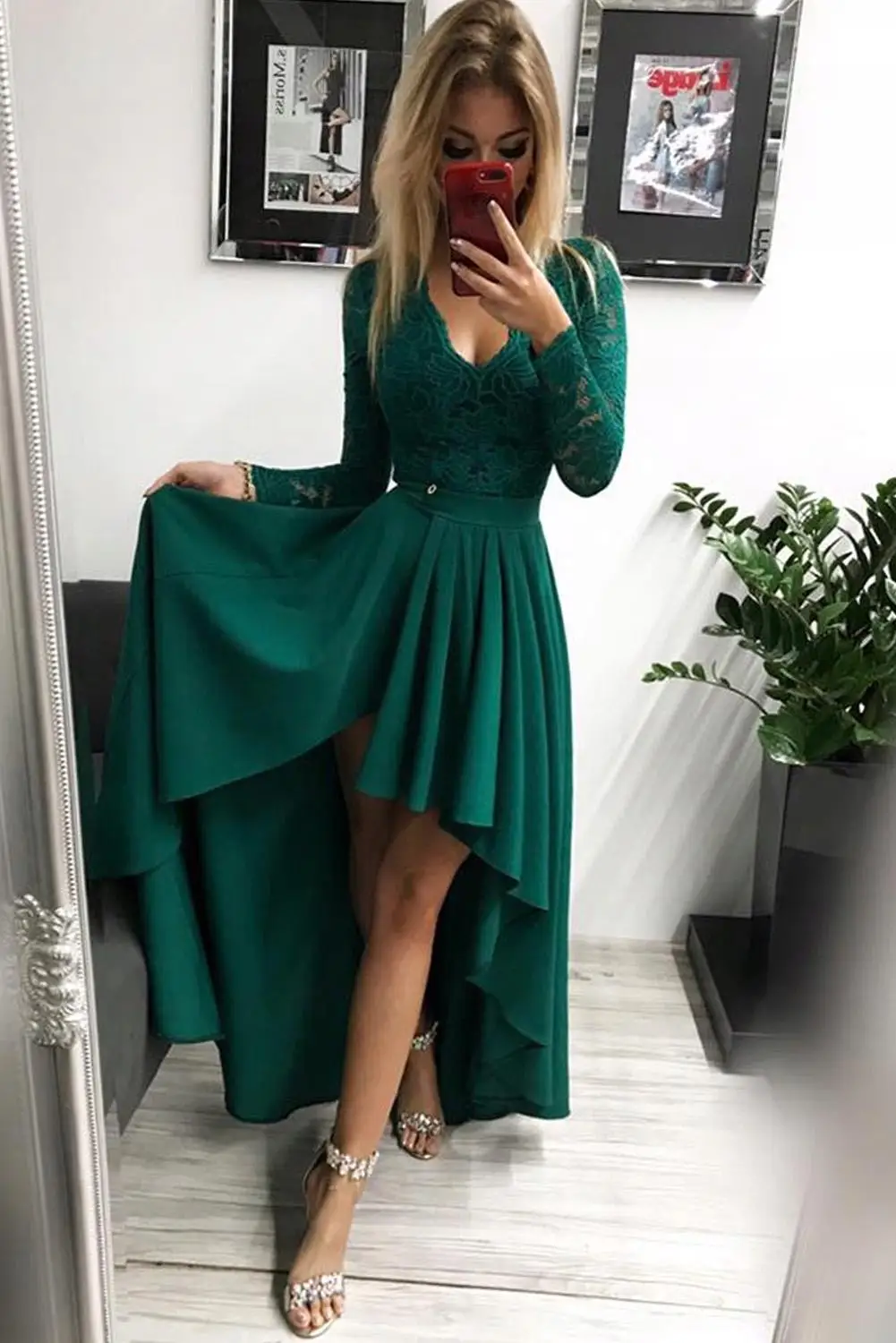 Черное/красное/зеленое кружевное вечернее платье с V-образным вырезом и открытой