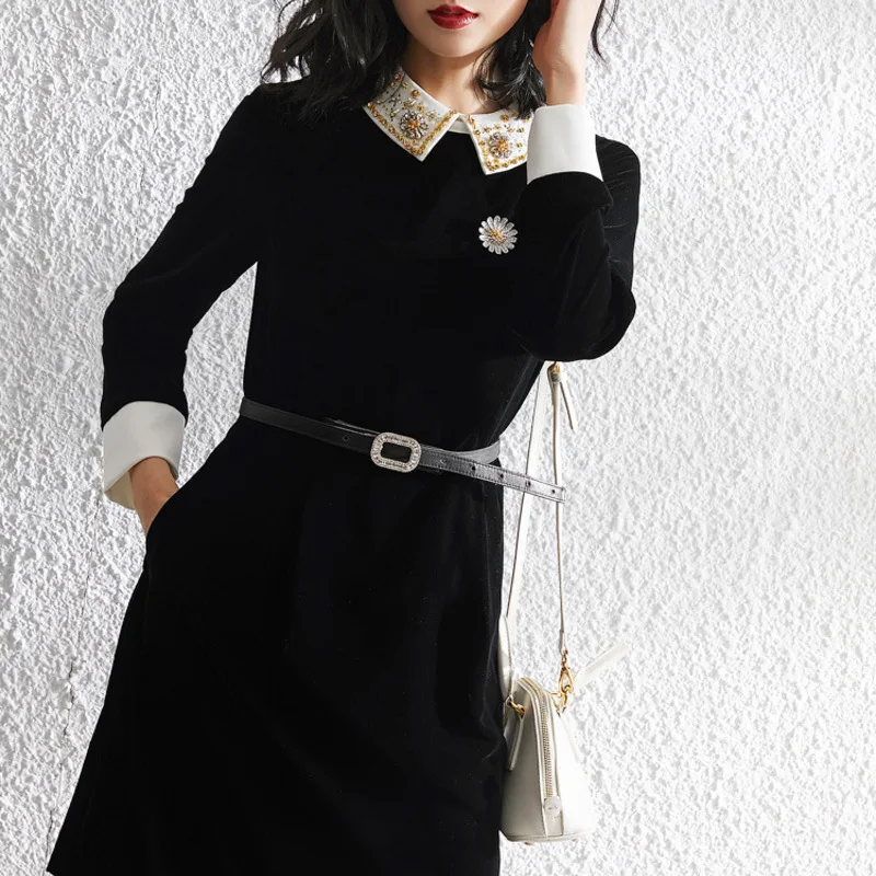 Новый Вырез Стразы вельветовое платье для женщин s Тонкий Длинные рукава