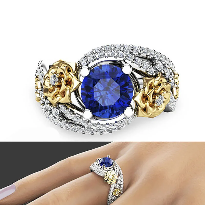

Gu Li Silver Color Golden Flower Floral Inlaid Blue Crystal Zircon Rhinestone Ring For Women Party Jewelry Female Accessories