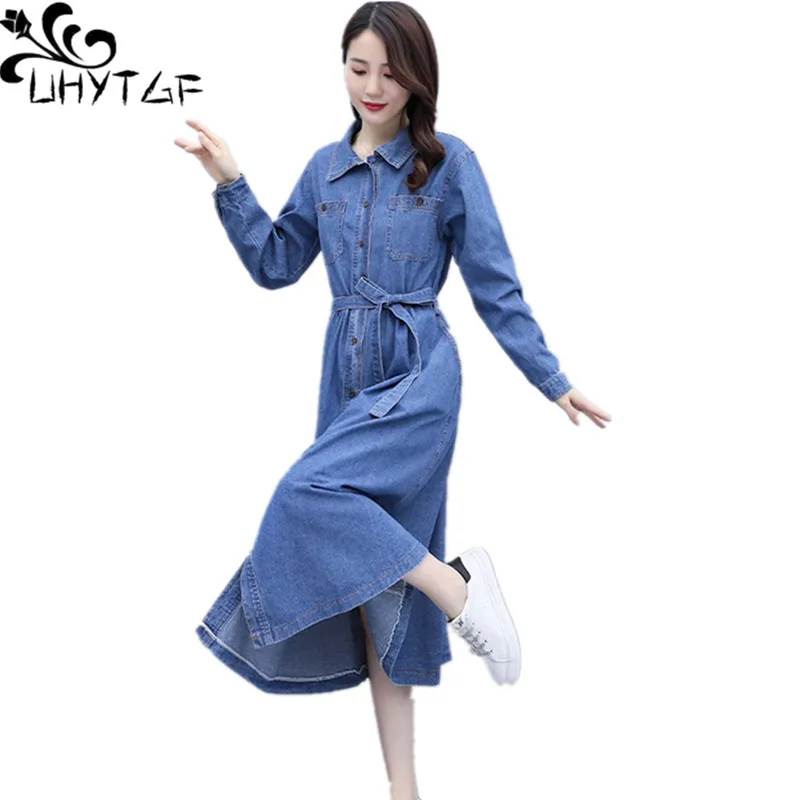 

UHYTGF Fashion Women's Autumn Denim Dress Long Sleeve Single Breasted Casual Female Jeans Dress A-Line Elegant Ladies Dresses 15