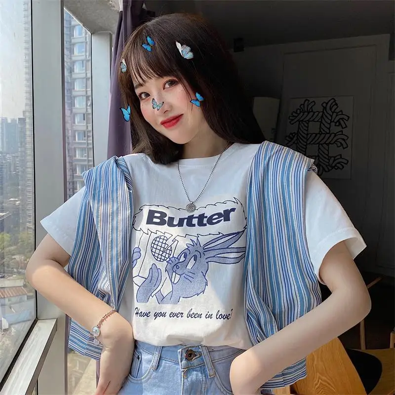 

Женские футболки, топы, японские кавайные дамские повседневные свободные футболки Ulzzang с принтом кролика, Женская Корейская одежда в стиле Харадзюку для женщин