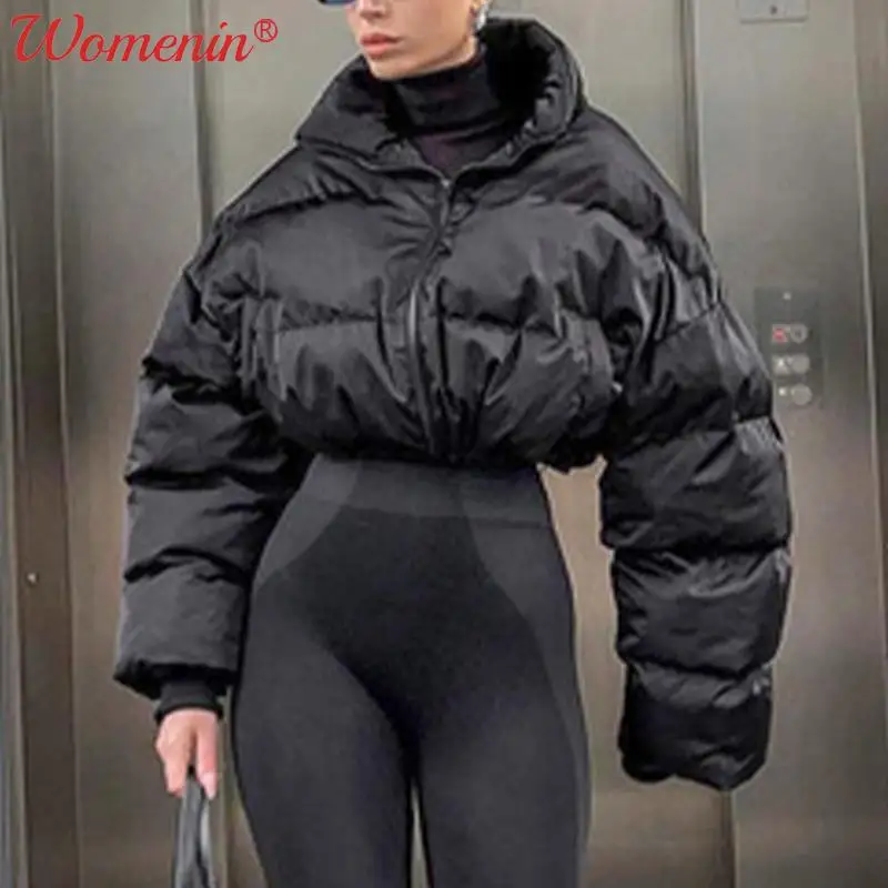 

Черный спортивный короткий пуховик, Женская однотонная теплая Толстая Женская куртка, модель сезона осень-зима 2021 года, модное женское паль...