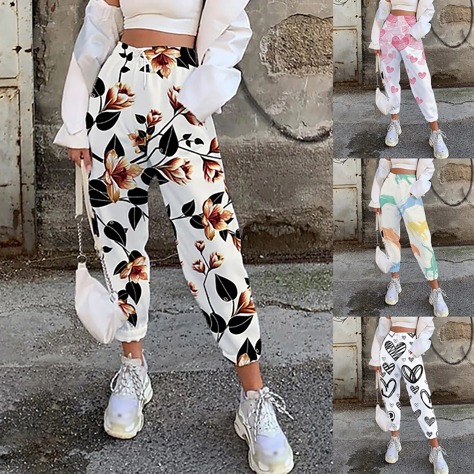 

Long Pants Ladies Summer Fashion Casual Personality Long Pants Women Sports Printing Elastic Waist Drawstring Trousers