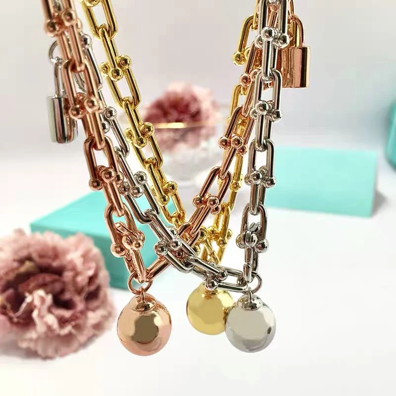 

Luxury Brand 1:1 S925 Sterling Silver Necklaces for Women U-Shape Lock & Ball Pendant Necklaces Birthday Party Best Gift Jewelry