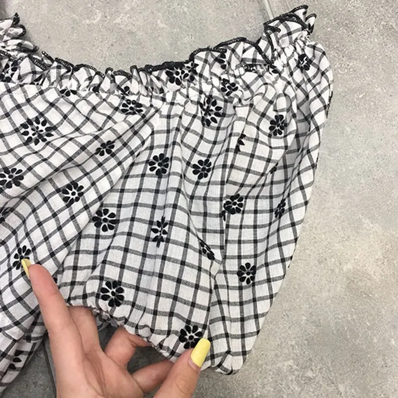 

VGH Printed Plaid Floral Dress For Women V Neck Puff Sleeve High Waist Lace Up Bowknot Mini Dresses Female Summer Fashion Tide