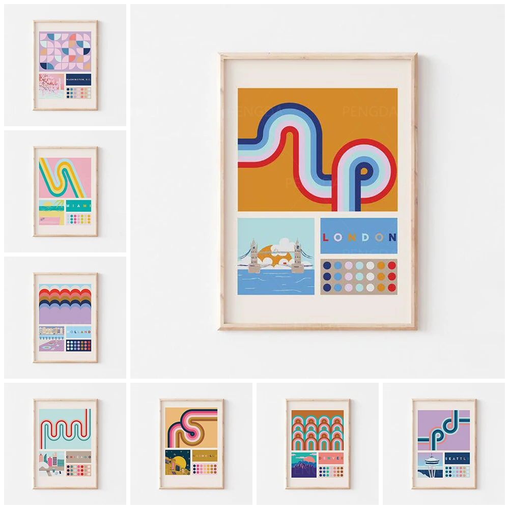 

Printed Cartoon Colorful Pattern Canvas Painting Wall Art Nordic City Poster Home Decor Living Room Modular Cute Pictures Frame