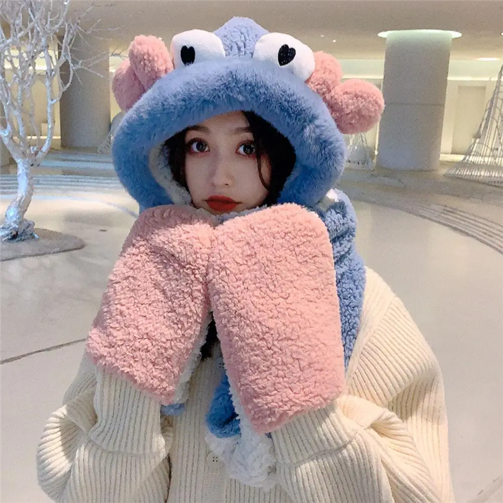 

Crab Cartoon Hat Scarf Ladies Autumn And Winter Plush Scarf Gloves Hooded In One Cute Keep Warm Women's Winter Hat 2021