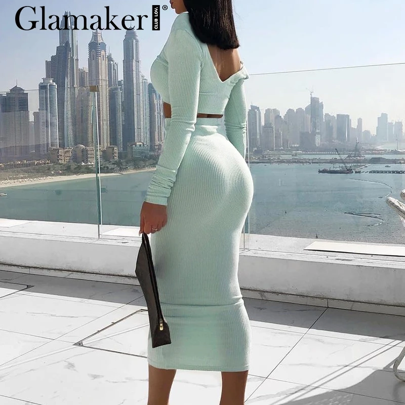 Glamaker вязаный костюм из двух частей белое платье Макси женское сексуальное облегающее платье с длинным рукавом и v-образным вырезом женское осенне-зимнее вечернее платье