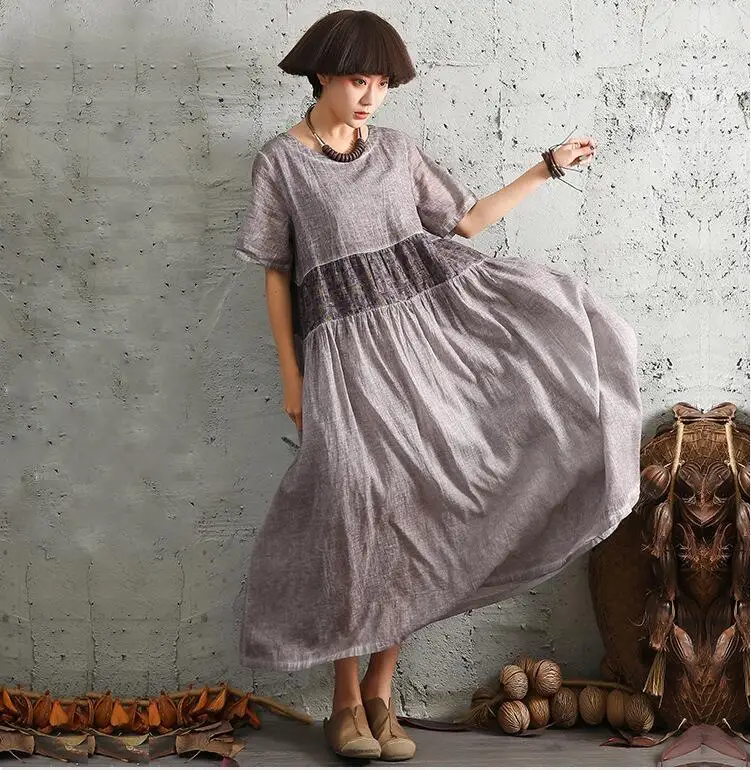 NINI WONDERLAND летнее лоскутное хлопковое льняное платье с коротким рукавом, женское свободное повседневное длинное платье с принтом, винтажная одежда большого размера