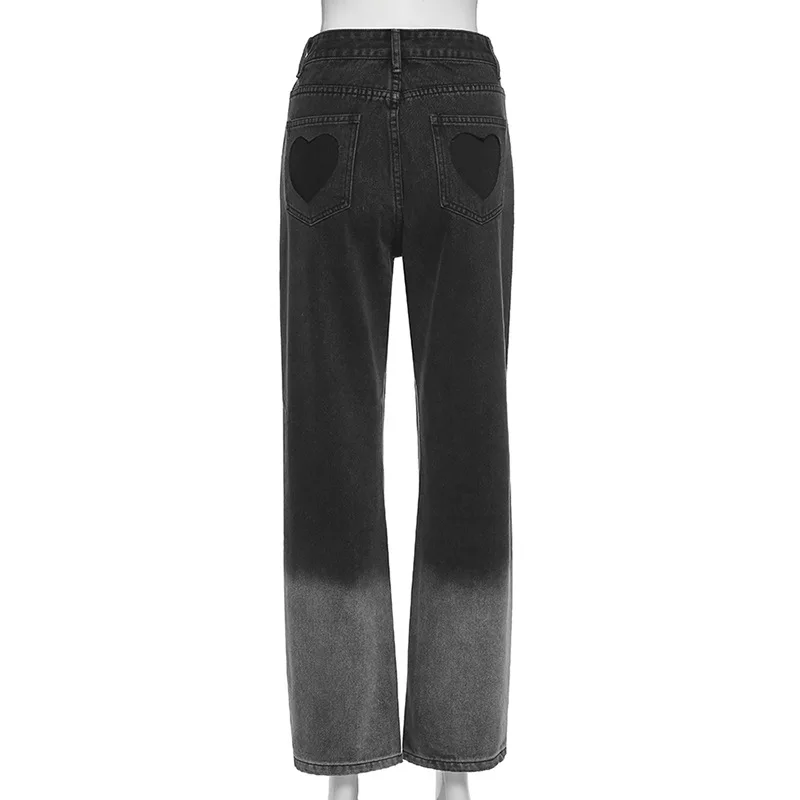 

Women Chic Heart Shaped Gradient Denim Jeans Baggy Harajuku Straight Pants Y2K High Waist Vintage Streetwear Trousers