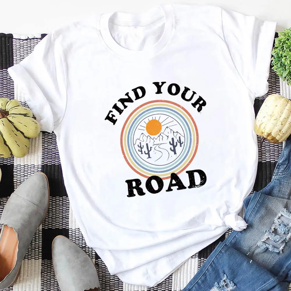 Женская футболка из 100% хлопка с принтом «Find Your Road», уличные походные рубашки, повседневный Топ унисекс с коротким рукавом, футболка для вдохновения Женская футболка из 100% хлопка с принтом «Find Your Road», уличные походные рубашки, повседневный Топ унисекс с коротким рукавом, футболка для вдохновения