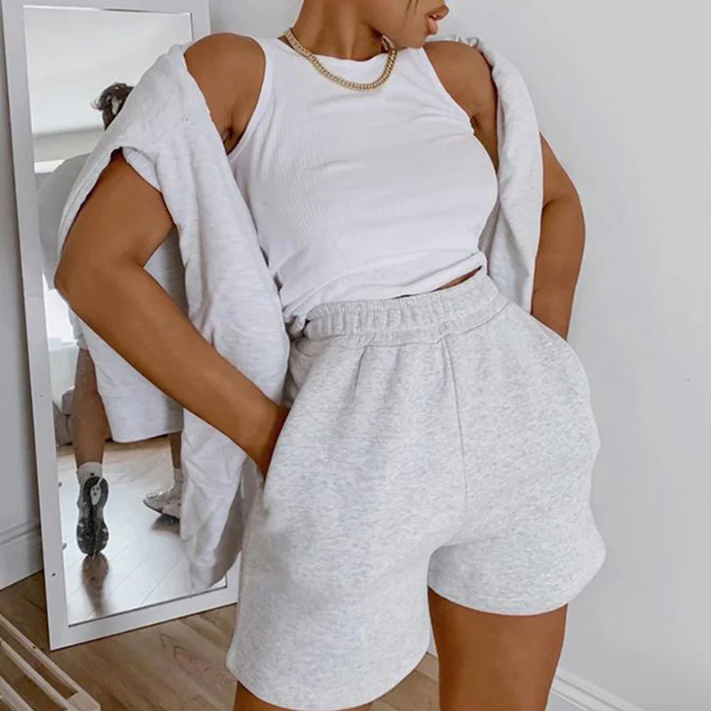 

Summer Tracksuit Women Wide Leg Shorts Elastic High Waist Pockets Solid Female Short Pants 2021 Basic Casual Loose Lady Bottoms