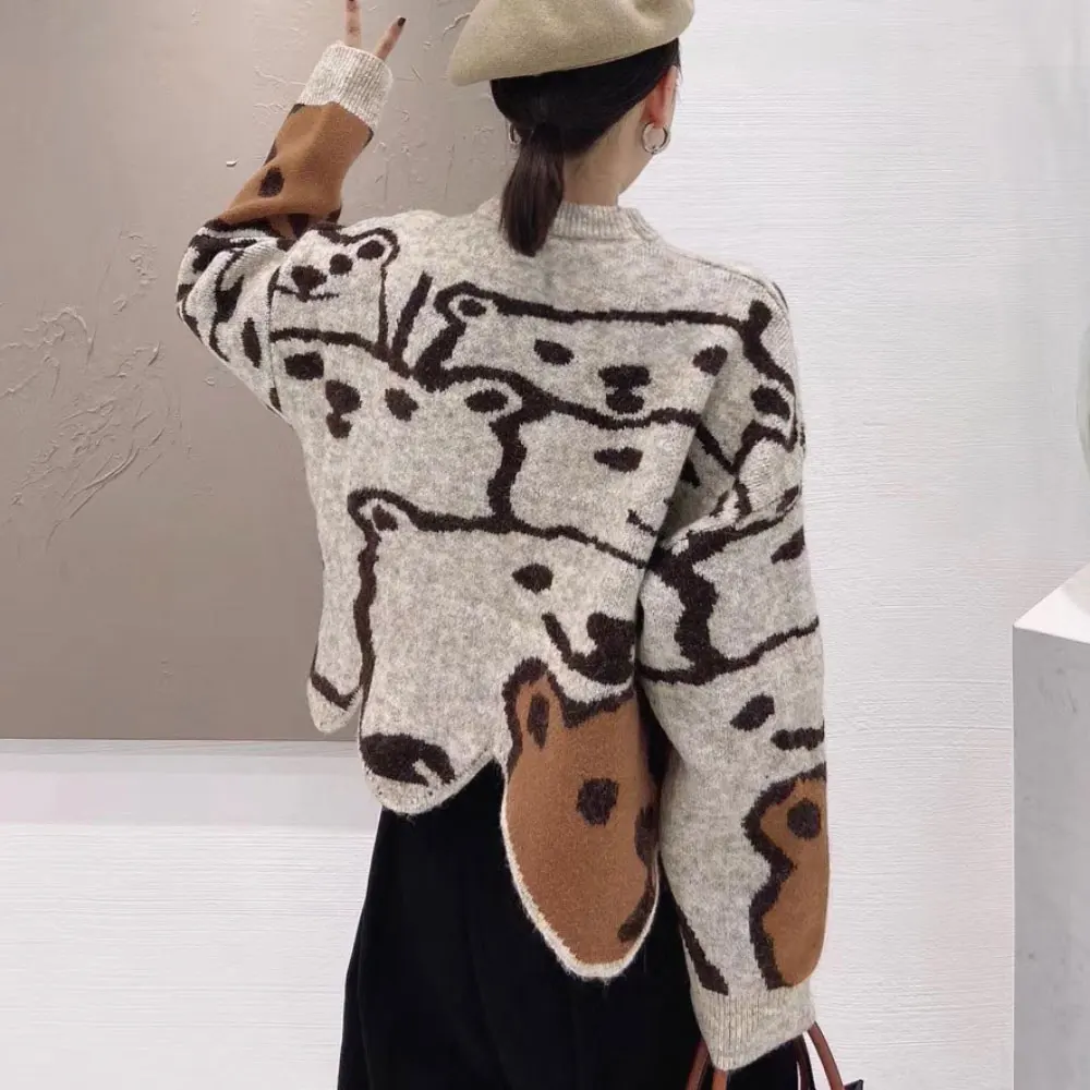 

ZOTTSOZ Sweater Women Fashion 2021 Casual Knitted Bear Cartoon Autumn Irregular Knitwear Pullover Harajuku Korean Loose Jumpers
