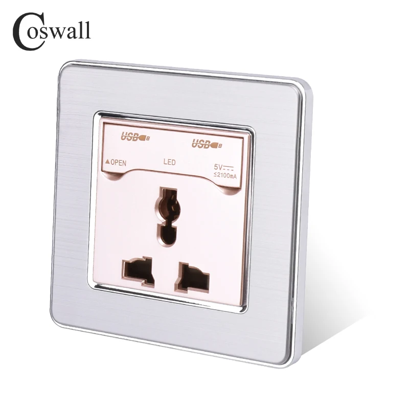 COSWALL 13A Универсальная Розетка с двойным USB зарядным портом, выход 2.1A, светодиодный индикатор, настенная розетка, панель из нержавеющей стали