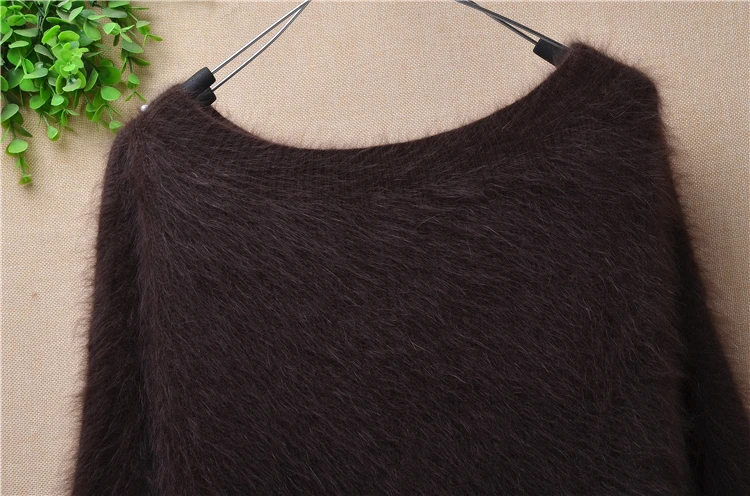

Women ladies streetwear soft rabbit fur knitted clothes flare sleeves stripes mink cashmere sweater pullover blouses spring