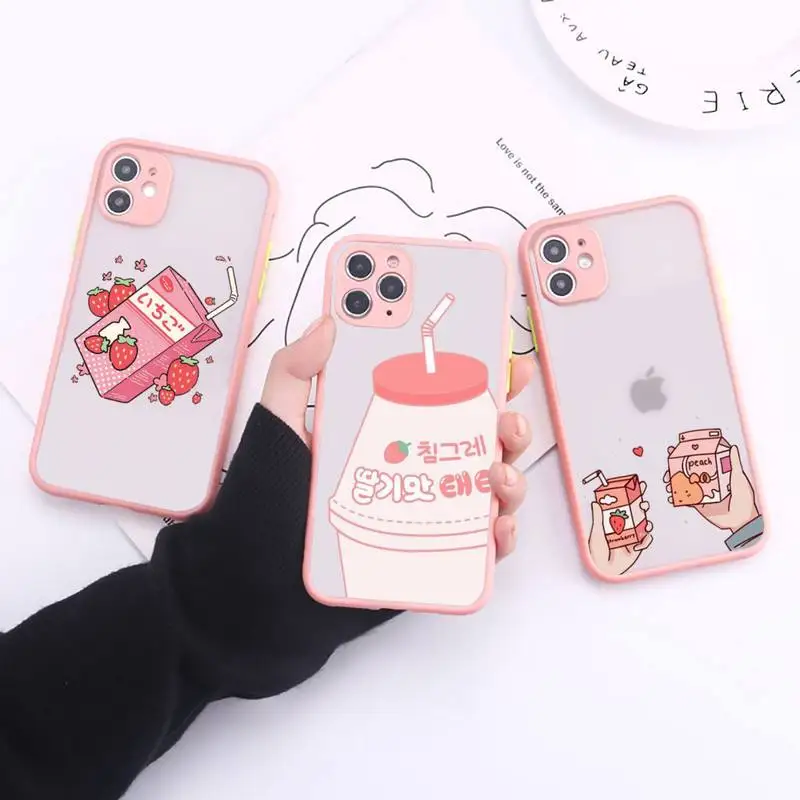 

cute strawberry milk Simple Matte Bumper Phone Case For iphone12 11 Pro Max X XS Max XR 7 8 Plus 12mini Shockproof Cover