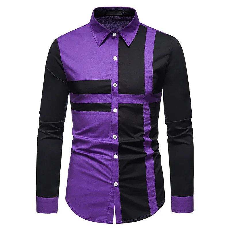 

2021 Spring Autumn European Size Men's Fashion Stitching Long Sleeve Shirt