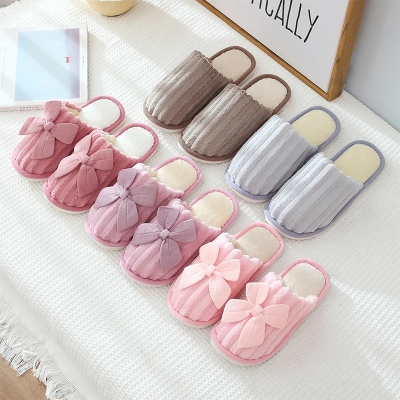 

Autumn and winter cotton slippers women's home with plush warm non slip slippers lovely big bow indoor home shoes