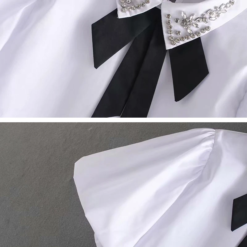 

Fashion Diamond Beading Women Puff sleeve Blouse Shirt 2020 Summer White Loose casual Bow Short tops Office ladies YNZZU YT857
