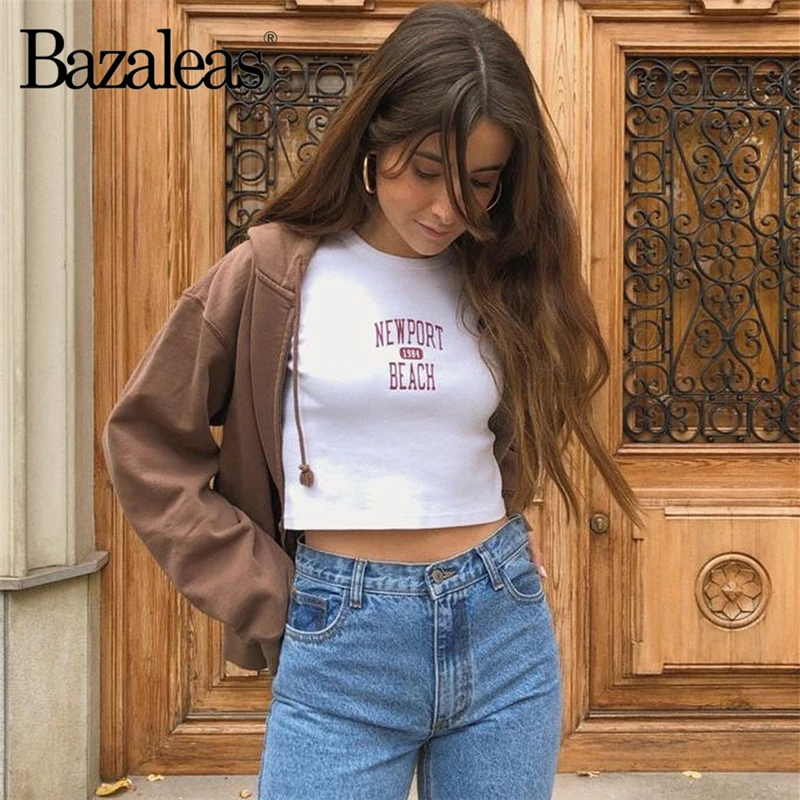 Bazaleas harajuku сексуальный укороченный топ newport пляжный принт белая укороченная