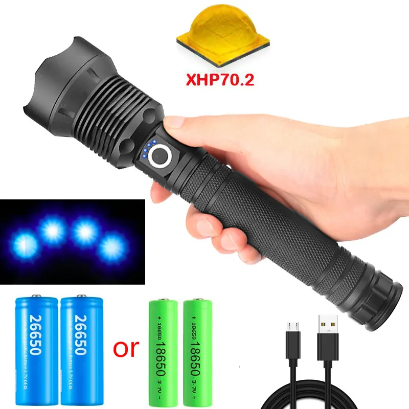 

90000 Lumens LED Flashlight XHP70.2 USB Zoomable 3 Mode Torch XHP70 XHP50 18650 26650 Waterproof Rechargeable Battery Flashlight