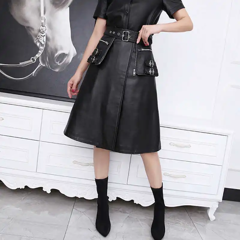 

2021 Chic Autumn women's Sheepskin genuine leather A-line Skirts High quality belt leather skirt A304