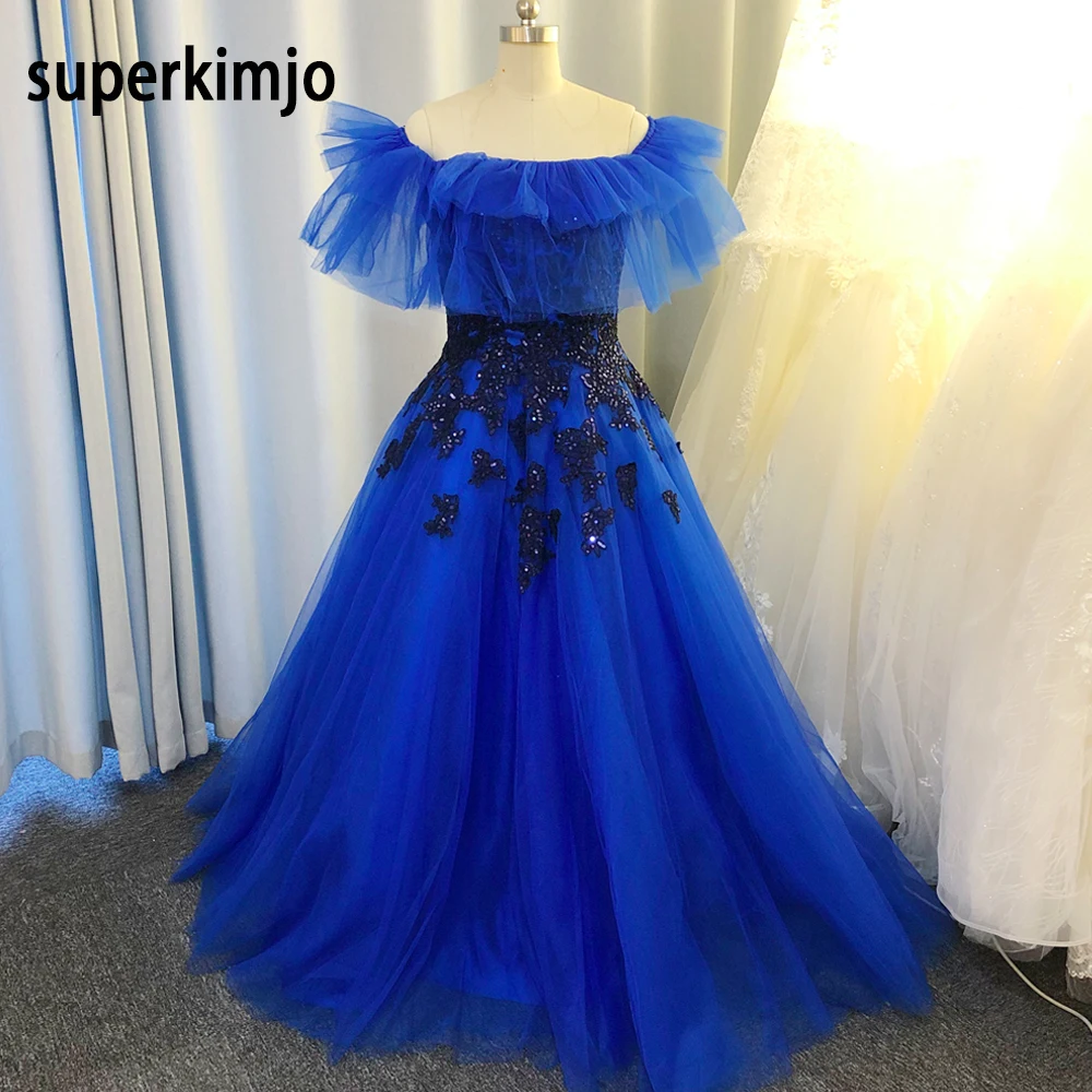 

real picture prom dresses 2020 royal blue off the shoulder ruffle pleats lace appliques beading sequins long evening dresses