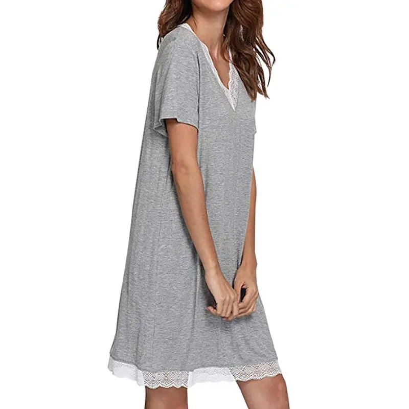 

Women Nightgowns Modal Cotton Summer Solid Lace Splice V-neck Short Sleeve Night Dress Underwear Women Night Gown Sleepshirts