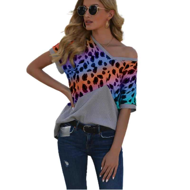 

New Summer Womens Leopard Print Fasion V Neck Casual Short Sleeve Flower Cotton Loose Sexy Street Clothes