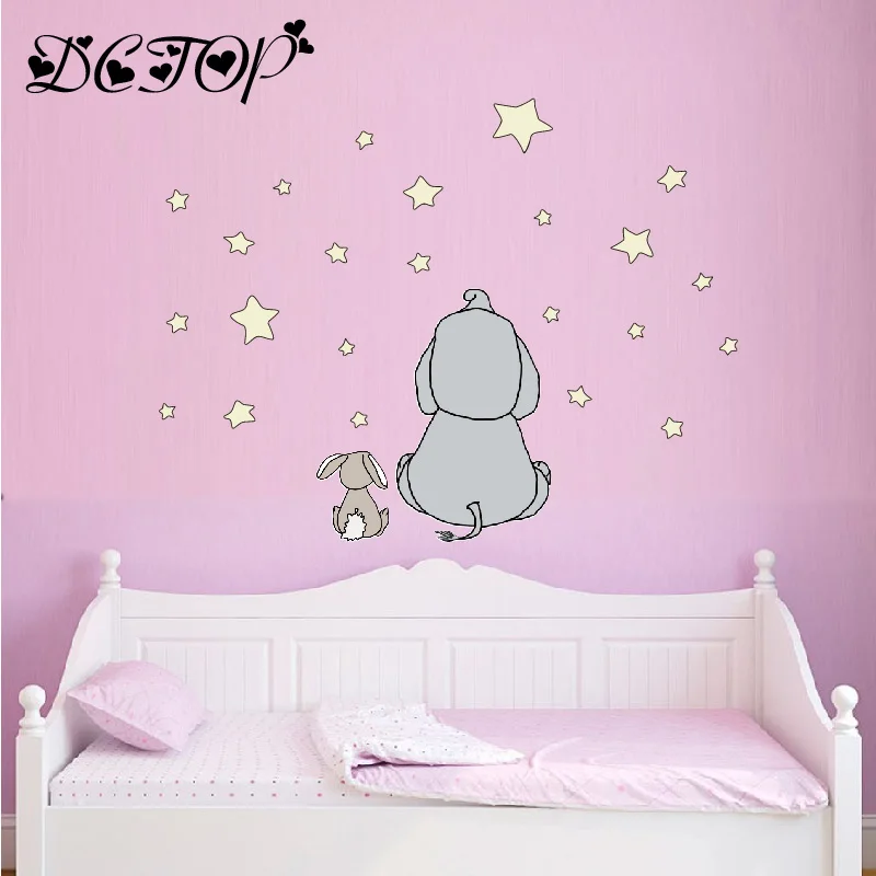 Cute Cartoon Nursery Elephant and Rabbit Wall Decals DIY Stars Stickers For Kids Baby Room Home Decortion Funny Art Vinyls Mural | Дом и сад